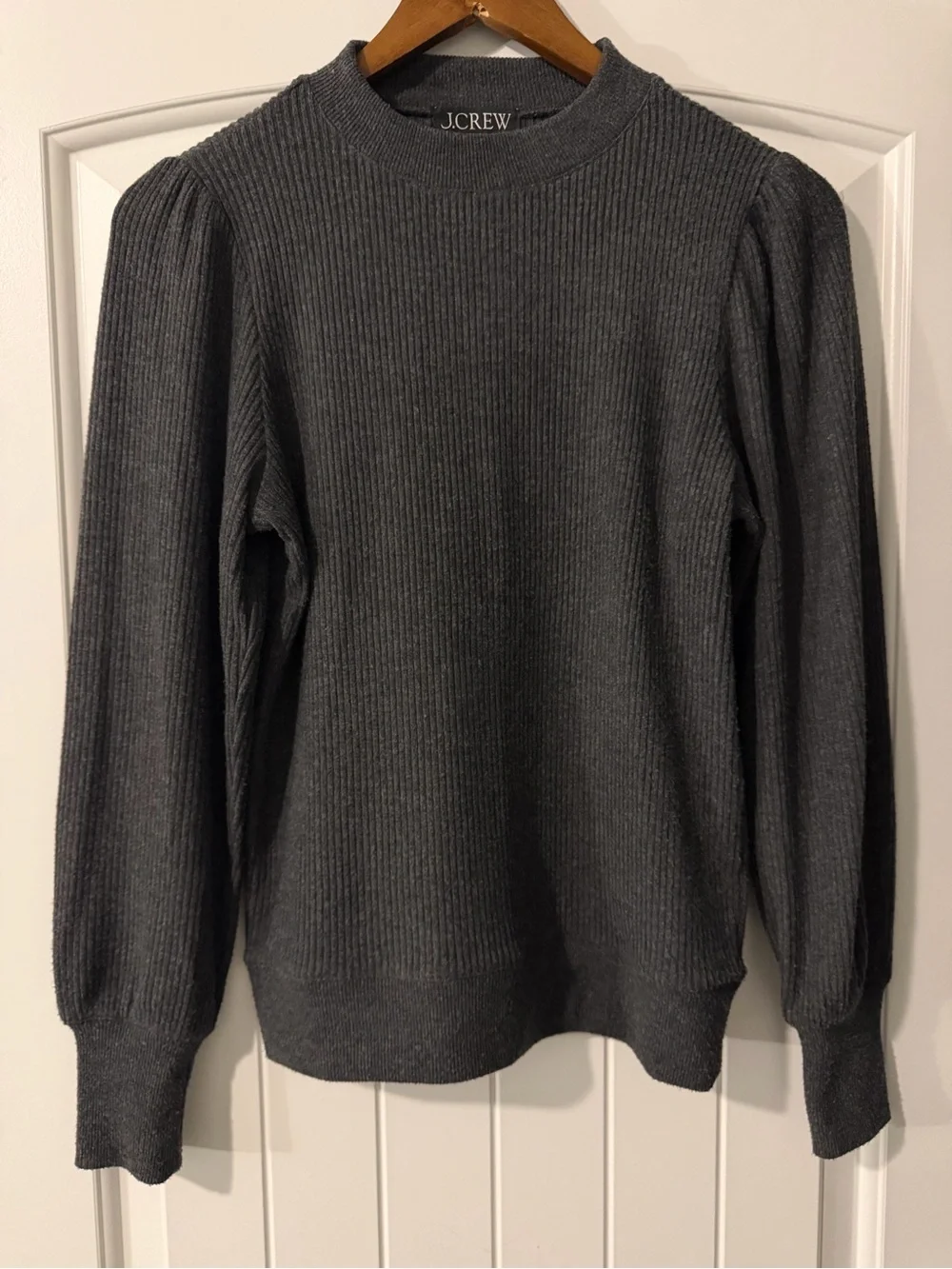 J. Crew The Vintage rib puff-sleeve Top Dark Gray Mockneck